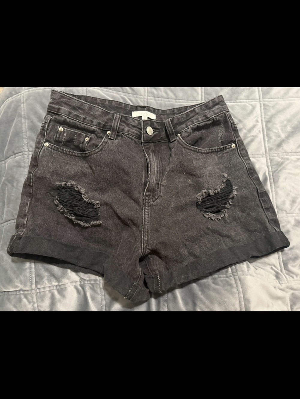High-Rise Distressed Black Denim Shorts